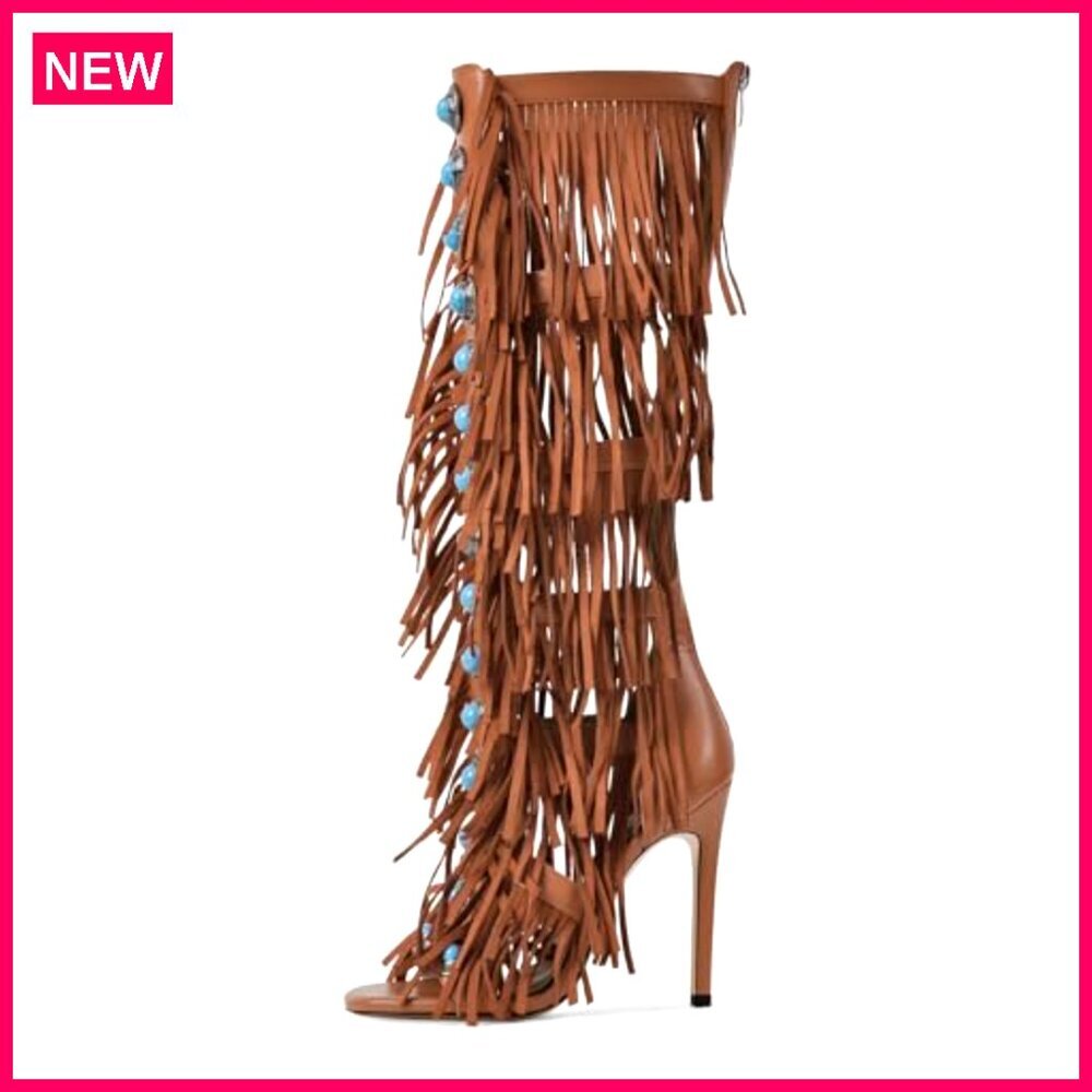Women's Knee High Sandals, Fringe Studded Heels, 4.72 Inch Heel, Party Wear - Picture 3 of 7